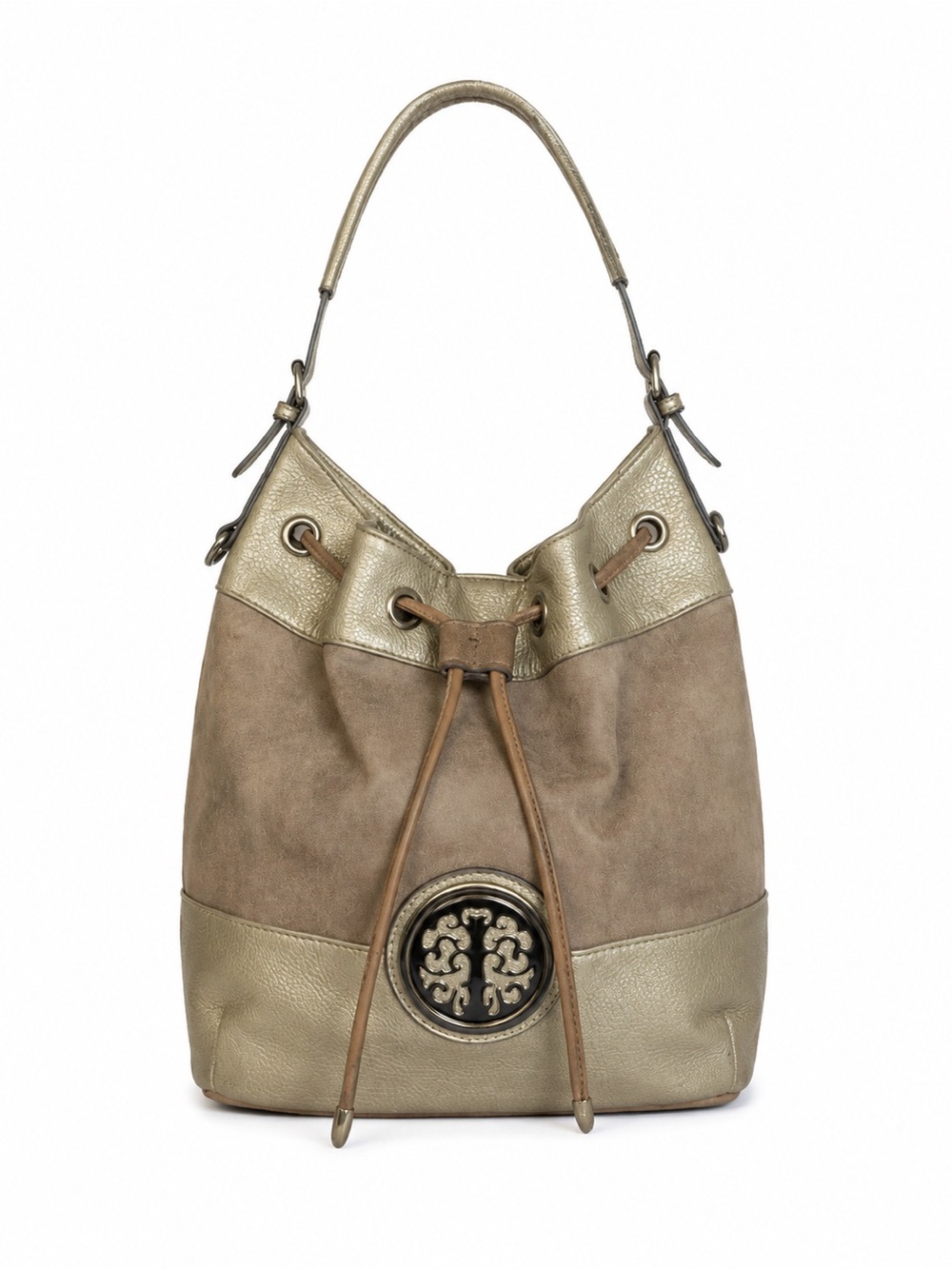 Taupe Suede Metallic Bronze Leather Tree of Life Drawstring Bucket Bag